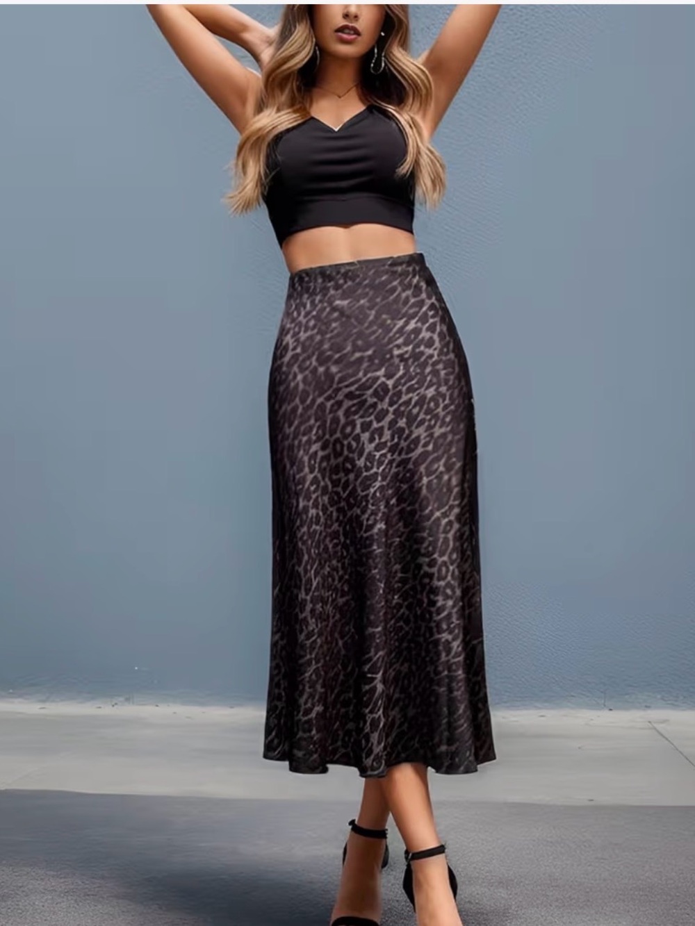 Leopard Print Satin Midi Skirt